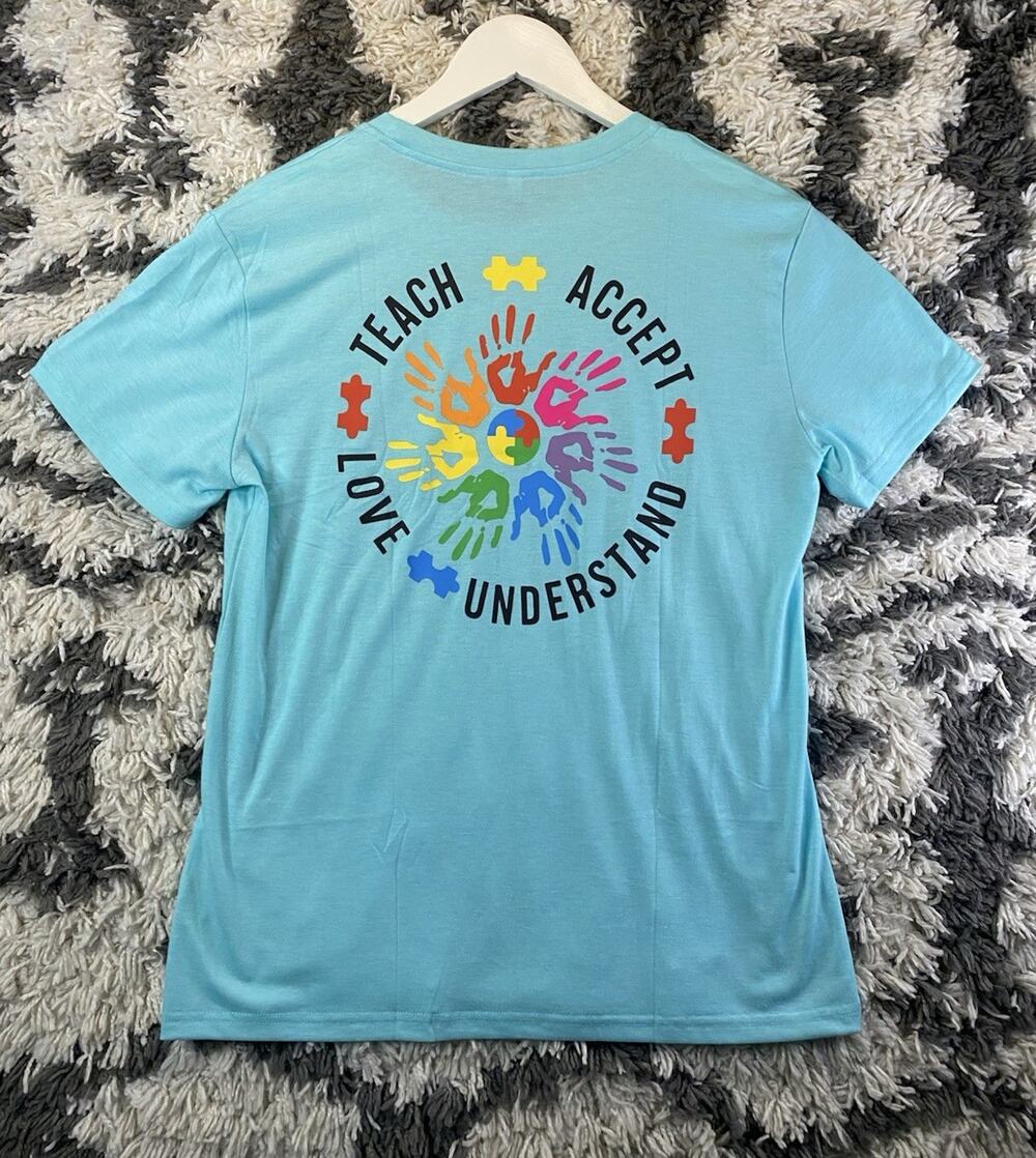 Unisex Blue Autism Awareness Puzzle Piece Graphic Crew Neck Tee Shirt Size M